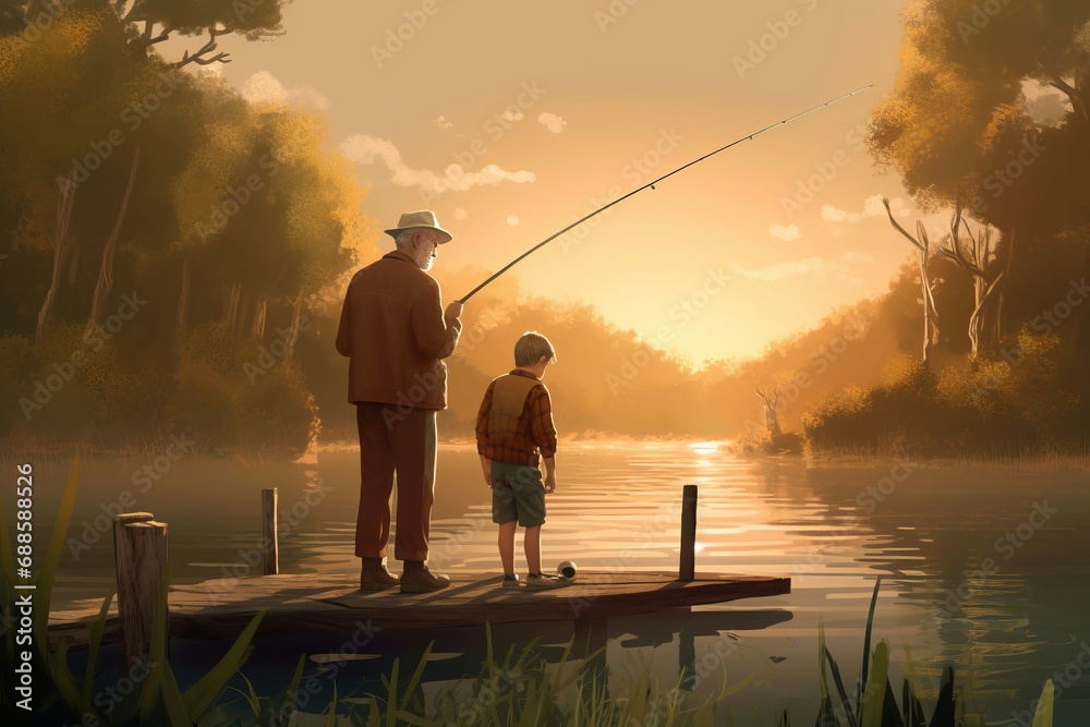 Grandfather and grandson fishing on sunrise view. Grandpa fisherman angling on pond with his grandchild. Generate ai - obrazy, fototapety, plakaty 