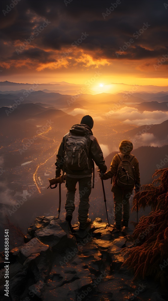 Two People Climbing in the Mountains at Sunset