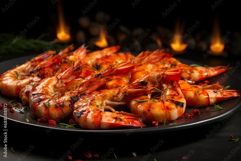 Close up of gourmet grilled king prawns. Seafood in a restaurant menu.