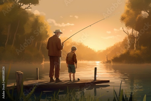 Grandfather and grandson fishing on sunrise view. Grandpa fisherman angling on pond with his grandchild. Generate ai