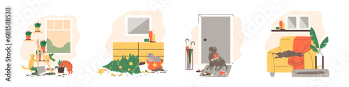 Set of scenes with pet making mess flat style, vector illustration