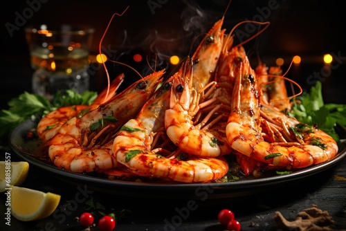 Perfectly grilled king prawns with lemon. Serving fancy seafood in a restaurant.