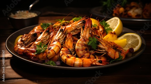 Close up of gourmet grilled king prawns. Seafood in a restaurant menu.