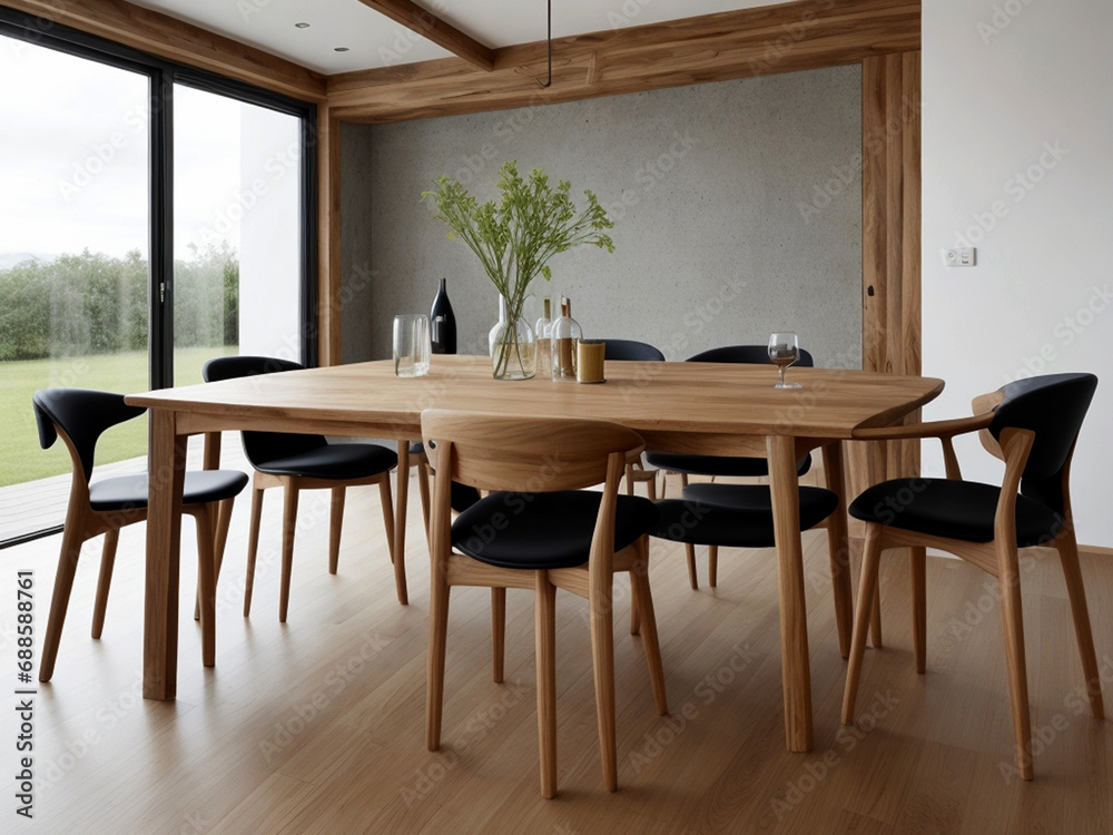 Natural solid wood dining table barrel chairs in home interior design dining room. Generative ai