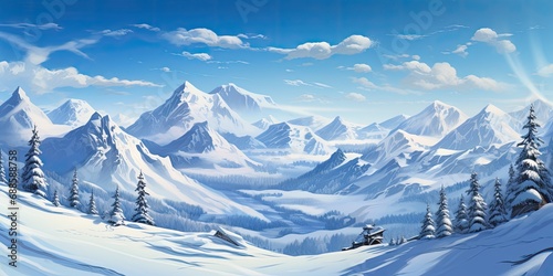 landscape beautiful snow-capped mountains and forest, banner, illustration