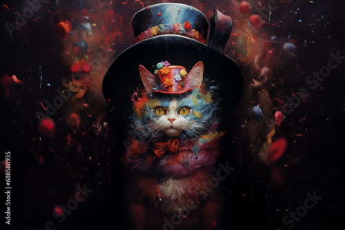 chat clown multicolore, avec un chapeau haute forme sur la tête, une cravate et des bijoux sous un fond avec des explosions de couleurs, et un énorme chapeau en forme de tasse de thé, Mad Hatter © Noble Nature