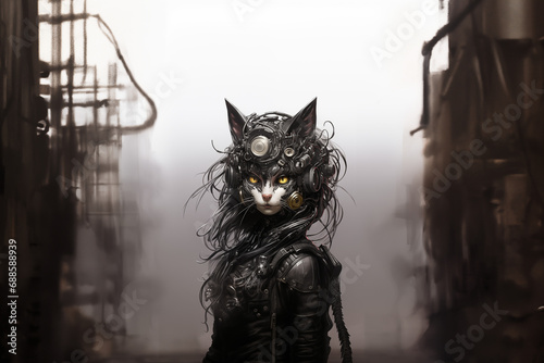 dessin monochrome d'un chat blanc cybergothique dans un univers cyberpunk. Chat féminin et sexy en tenue steampunk  photo