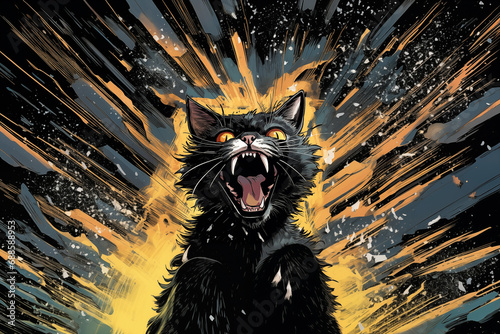  chat hurlant dans un combat à la façon des BD, bandes dessinées, Manga ou comics, avec toute l'énergie déployée par sa colère autour de lui. Espace négatif texte copyspace photo