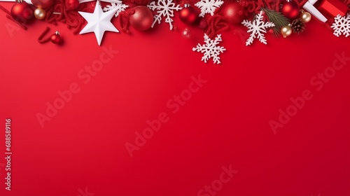 Red Background with White Snowflakes and Ornaments