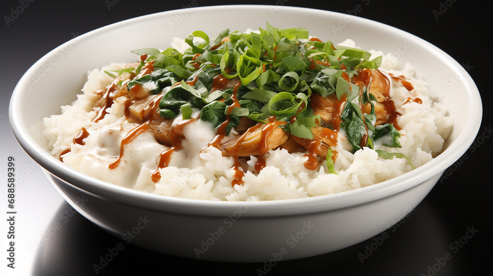 Bowl with boiled white rice and spices on the table. Bowl with boiled white rice and spices on the table.