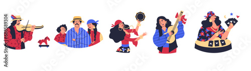 Traditional and vibrant gypsy people characters set vector illustration isolated.