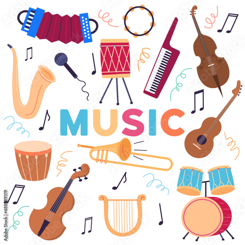 Musical instruments vector illustration. Classical melodies fill air, as instruments blend in perfect harmony Embrace symphonic magic as musical instruments craft melodic journey