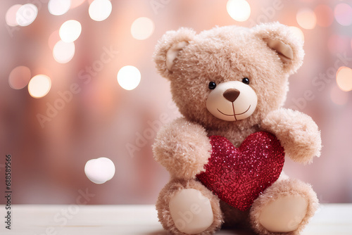 cute brown fluffy bear toy holding a red glitter heart with pastel pink bokeh background with copy space © World of AI