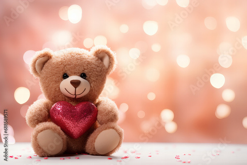 cute brown fluffy bear toy holding a red glitter heart with pastel pink bokeh background with copy space