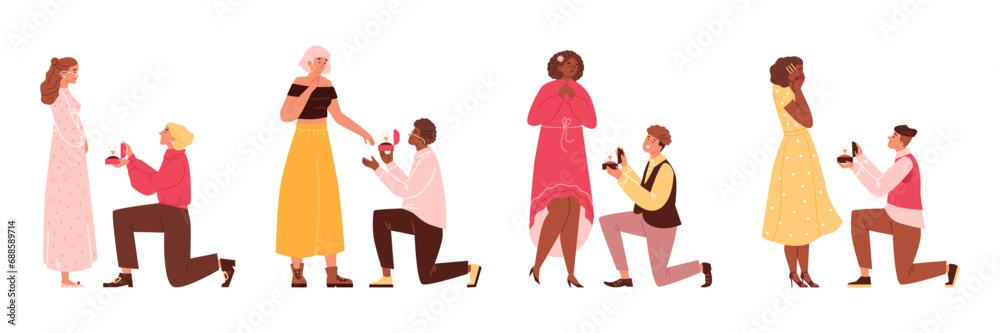 Marriage proposal people set, flat vector illustration isolated on white background.