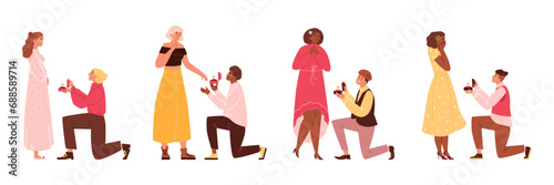 Marriage proposal people set, flat vector illustration isolated on white background.