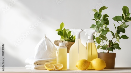 A Table with Bottles of Liquid and Lemons