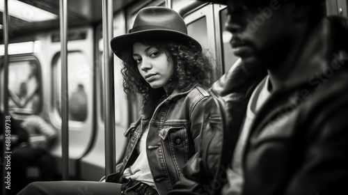 Young woman in leather jacket and hat seated on subway, monochrome © thodonal