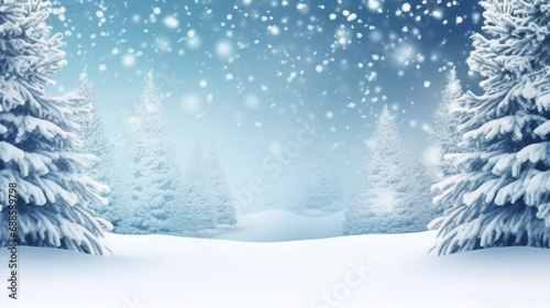 Winter Background with Snow and Trees is a serene and snowy landscape image. It's perfect for winter-themed designs, holiday cards, seasonal promotions, and outdoor-related content. copy spcae  © Planetz