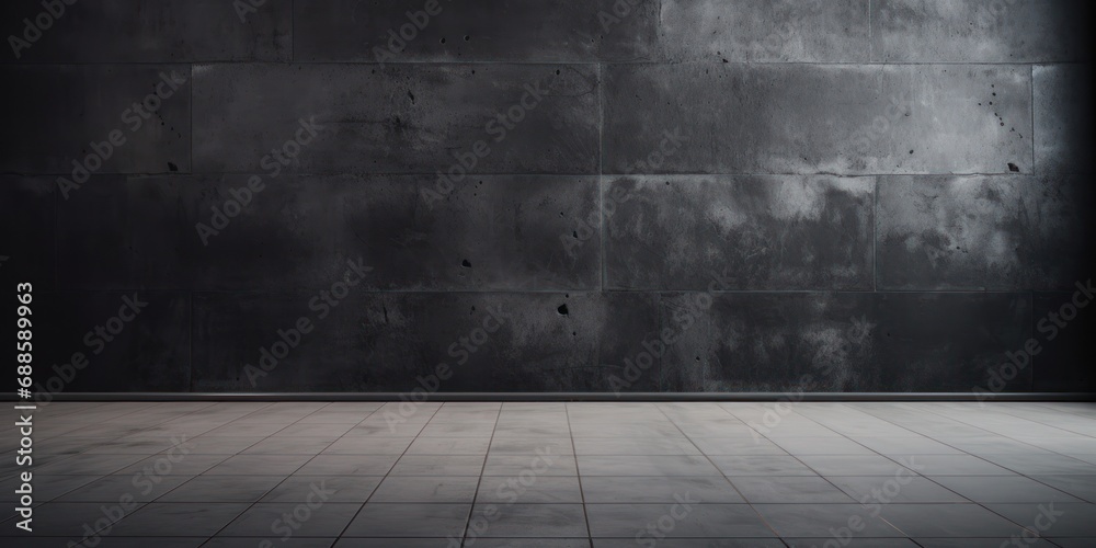 Dark Empty Room with Brick Wall Texture And Tile Floor. Copy Space for Design Elements. Vintage Architecture - obrazy, fototapety, plakaty 