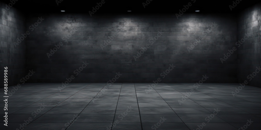 Dark Room with Black Brick Wall, Concrete Tile Floor And Spotlights. Empty Loft Studio Rough Interior. Copy Space Dark Room with Black Brick Wall, Concrete Tile Floor And Spotlights. Empty Loft Studio Rough Interior. Copy Space