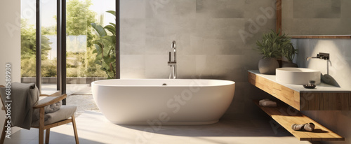 Modern bathroom interior with white bathtub and wooden furniture. 3d render