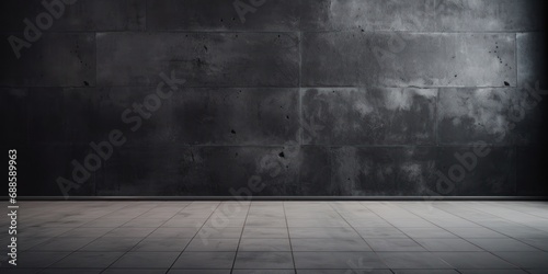 Dark Empty Room with Brick Wall Texture And Tile Floor. Copy Space for Design Elements. Vintage Architecture photo