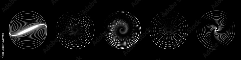 Trendy Round Modern Halftone Optical Illusion Round Shapes. Set Of Geometric Abstract Circle Patterns in Y2K style. Vector Illustration. EPS 10 - obrazy, fototapety, plakaty 