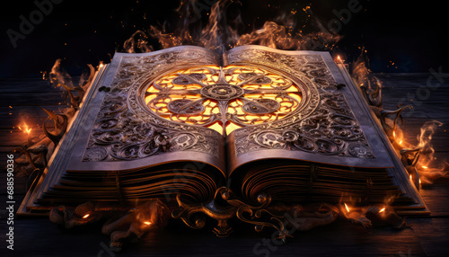 an open Magical book with a circular mandala design on the center photo