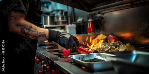 Skillful hands crafting tasty dishes in a food truck with a blurred background.