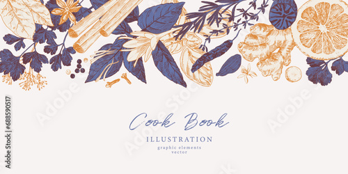 Hand drawn illustrations of spices and culinary herbs. Graphic elements for cook book design, restaurant menu and recipe sheets. Botanical and culinary illustration