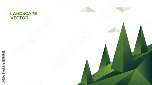 Landscape of trees and hills, with clouds. Nature, green forest, and mountains background landscape vector illustration.
