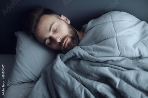 Handsome man sleeping in gray bed linen. Bearded guy cozy resting alone in bedroom. Generate ai