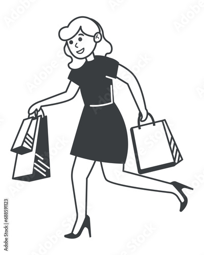 Element of Black Friday set. This eye-catching Black Friday artwork features a black-outlined silhouette of a woman with shopping bags. Vector illustration.