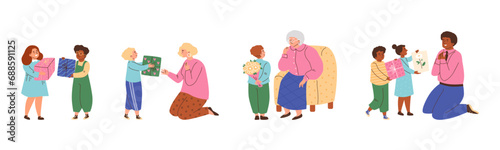 Set of children giving presents to parents, flat vector illustration isolated on white background.