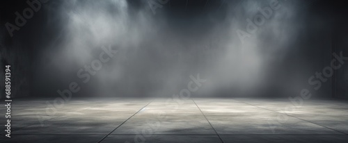 Smoke In Dark Concrete Room. Empty Stage With Fog And Mysterious Light. Cement Background, Studio Space