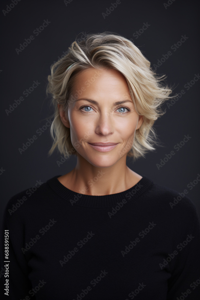 Beautiful blonde caucasian woman, casual style, in her 30s or 40s, looking into camera, studio shot