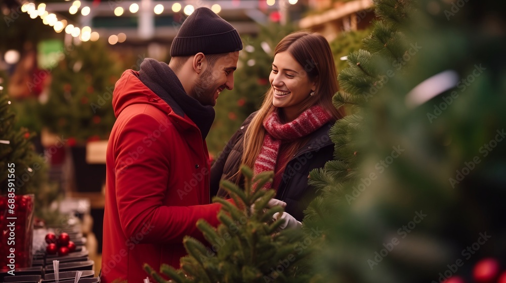 A Couple Admiring Christmas Trees at a Festive Market