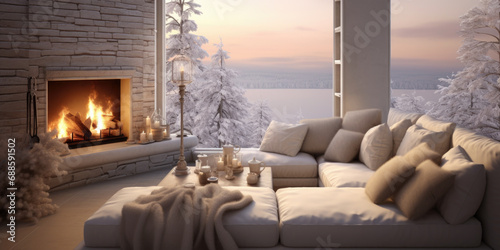 Beautiful view of cozy living room interior with modern fireplace.