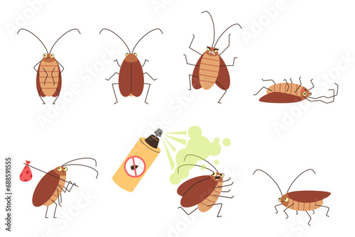 Set of funny and cute cockroach, cartoon flat vector illustration isolated on white background.
