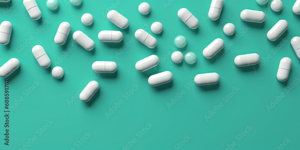 White Pills On Green Background, Healthcare and Medicine Concept. Pharmacy, and Diagnosis. Top View Of Capsules with Copy Space