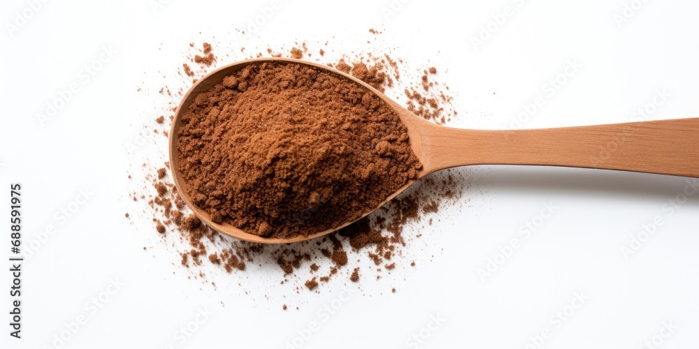 Coriander Ground Pile In Wooden Spoon On White Background. Top View Of Aromatic Spice. Organic Seasoning. Cooking Powder, Brown Condiment. Coriander Ground Pile In Wooden Spoon On White Background. Top View Of Aromatic Spice. Organic Seasoning. Cooking Powder, Brown Condiment.