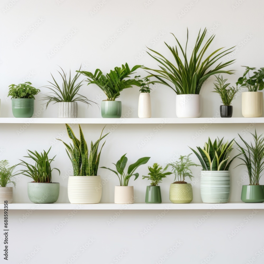 Houseplants displayed in ceramic pots on the white wall