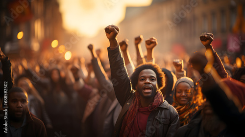 Crowd of Black People Raising Fists in Protest, Rebellion, Enough © Tomasz