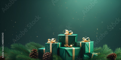 christmas gifts ,Christmas gift boxes with christmas accessori es on green background preparing for the holidays  generative ai
 photo