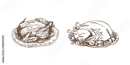 Hand-drawn sketch set of baked turkeys, chickens with rosemary, berries and lemon. Vector food drawing. Traditional Christmas, Halloween food. Illustration for packaging, label, recipe, menu.