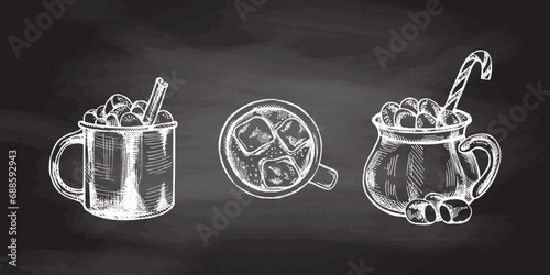 Hand-drawn sketch set of hot drinks with marshmallows, cinnamon stick and candy cane in mug on chalkboard background. Hot chocolate, cocoa. Traditional Christmas dessert. Vintage cozy holidays.