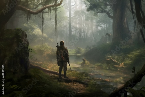Hunter in foggy forest digital art. Equipped hunter walking in misty dark woodland. Generate ai