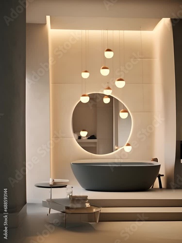 sleek grey marble bathroom with LED lighting, vanity, and freestanding tub