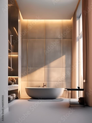 sleek grey marble bathroom with LED lighting, vanity, and freestanding tub